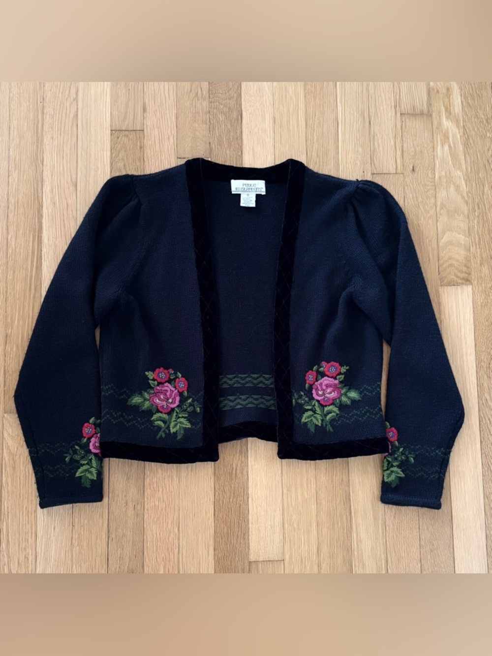 Vintage Wool Cardigan Sweater Open Velvet Lining Floral Embroidered M Chunky